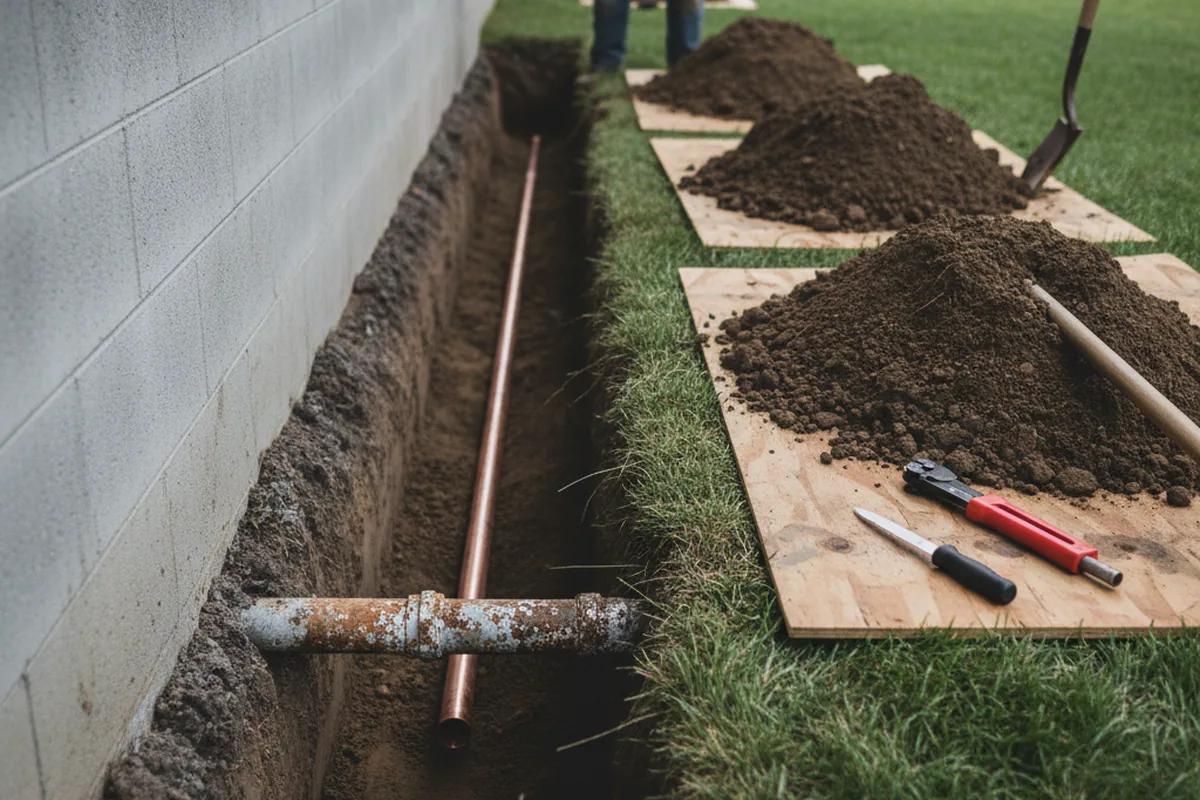 Excavated water line trench during Water Softener Installation in Milton Mills